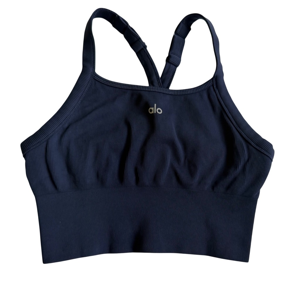 Alo Yoga Navy Blue Seamless Ribbed Favorite Bra Tank Medium EUC